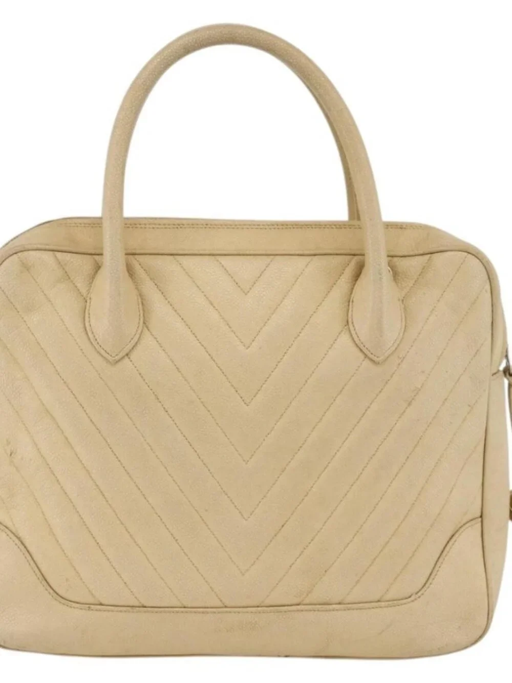 CHANEL Hand Bag Grained Calf Skin Cream Gold CC Auth 174548